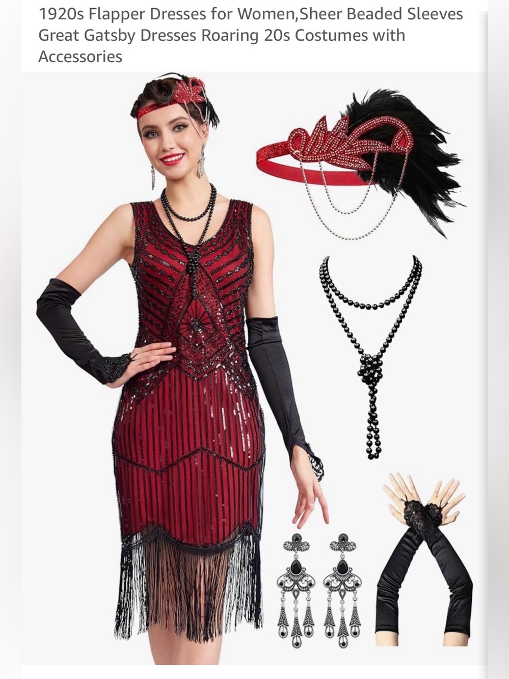 Vintage-Inspired Red Beaded Flapper Dress with Black Fringe